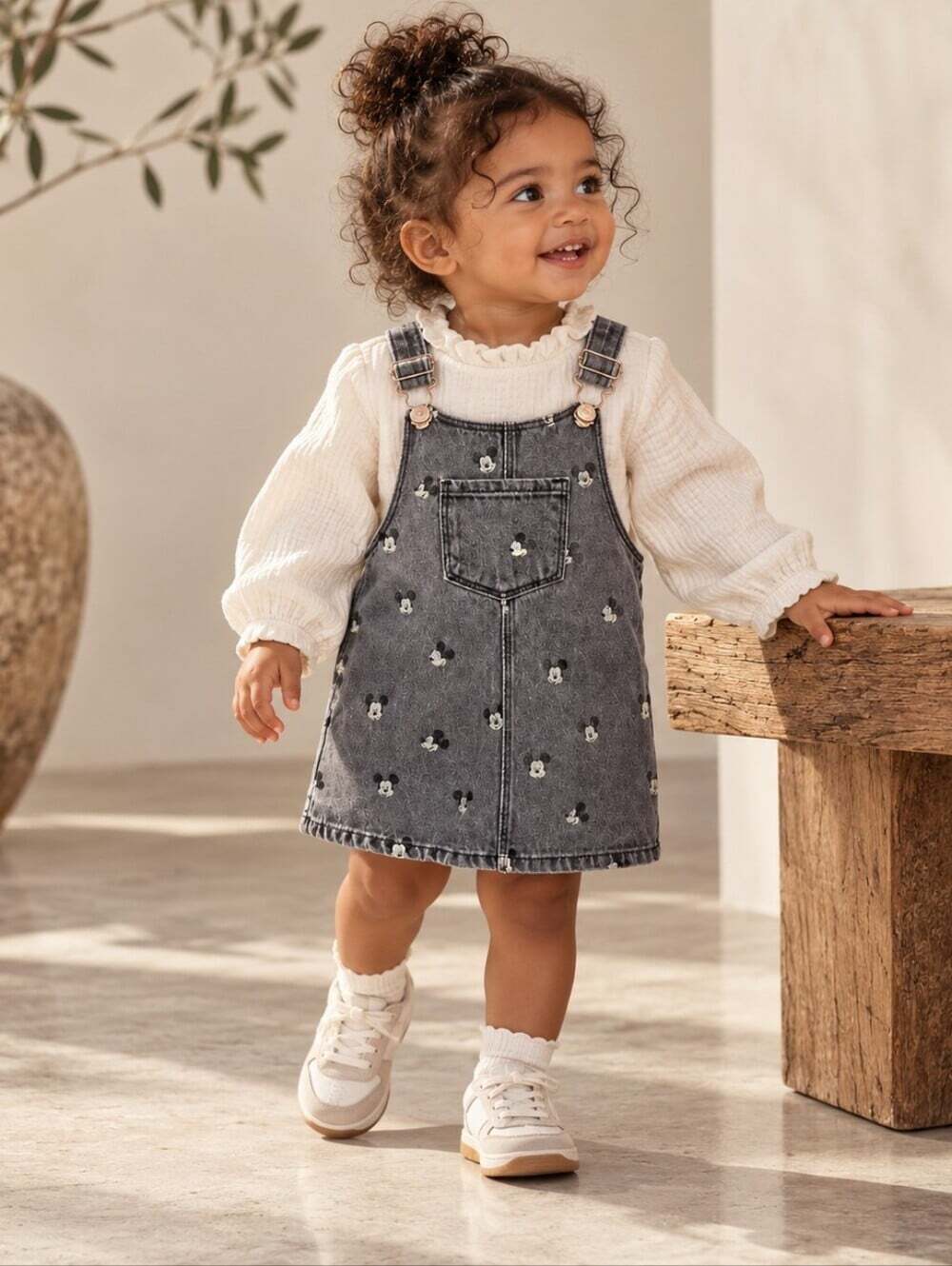 Zara Baby Disney Mickey Mouse Denim Pinafore Dress 12-18M Gray Embroidered